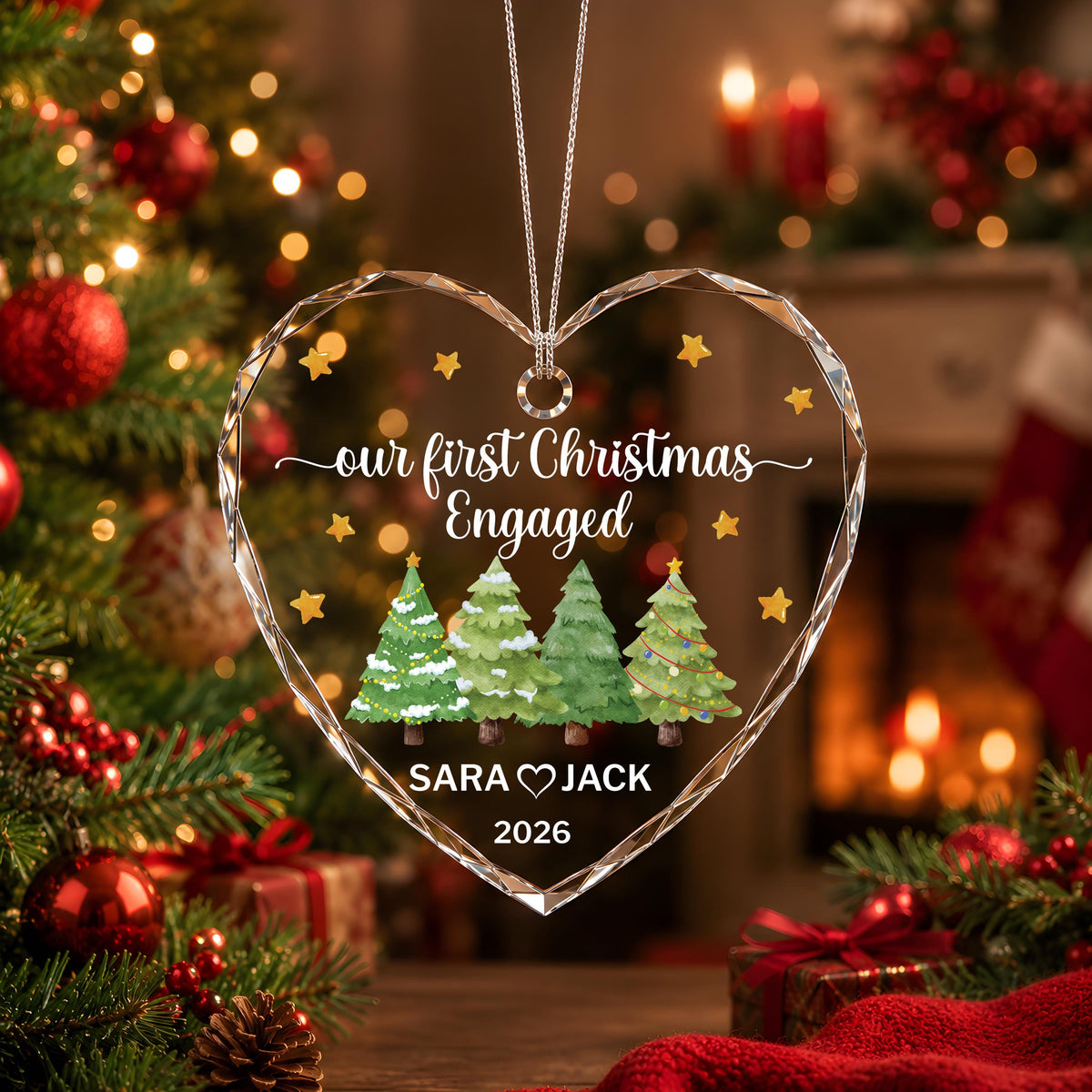 Personalized Crystal Glass Ornament, Engaged Couple Christmas Keepsake (Round or Heart)