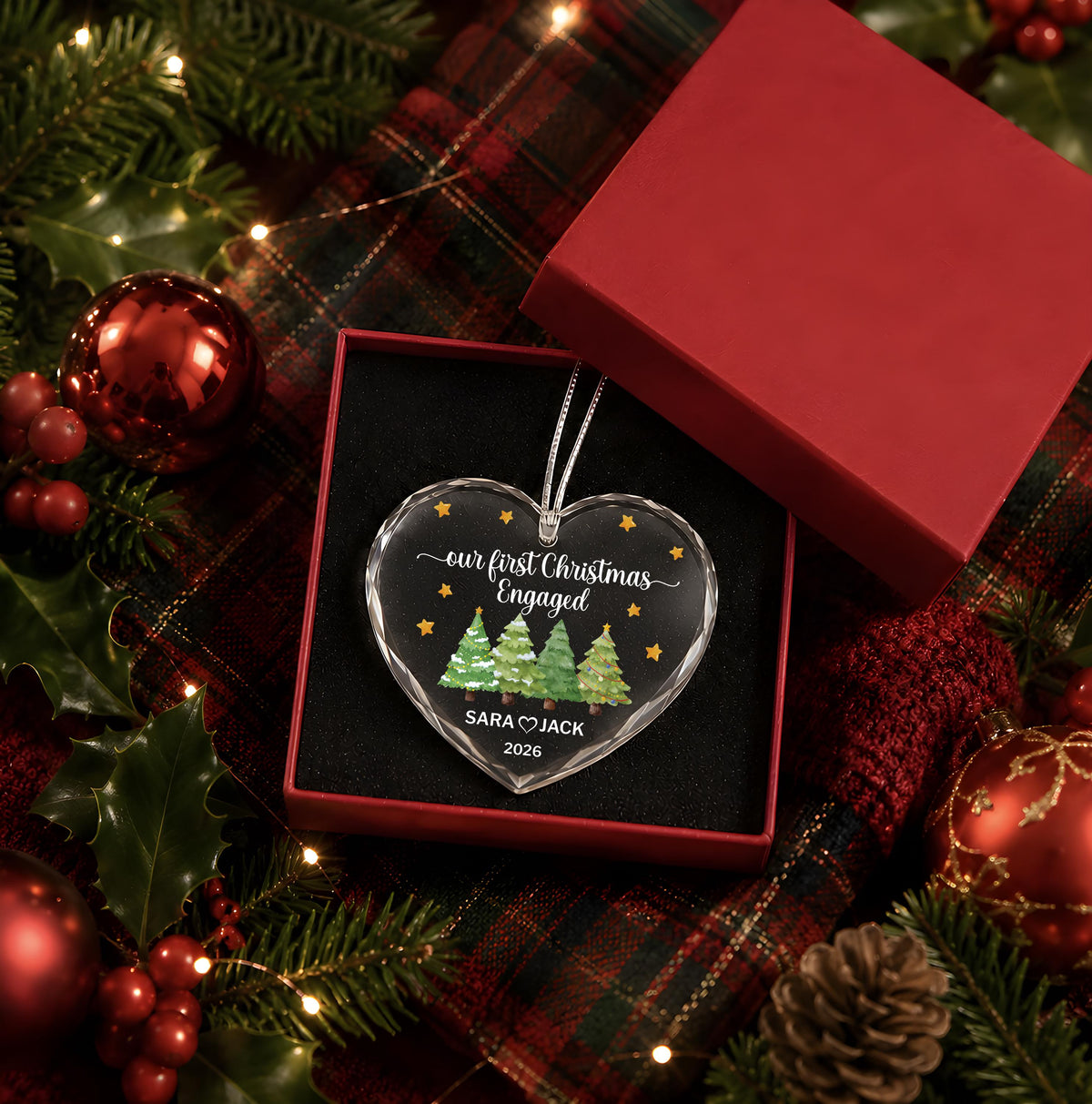 Personalized Crystal Glass Ornament, Engaged Couple Christmas Keepsake (Round or Heart)
