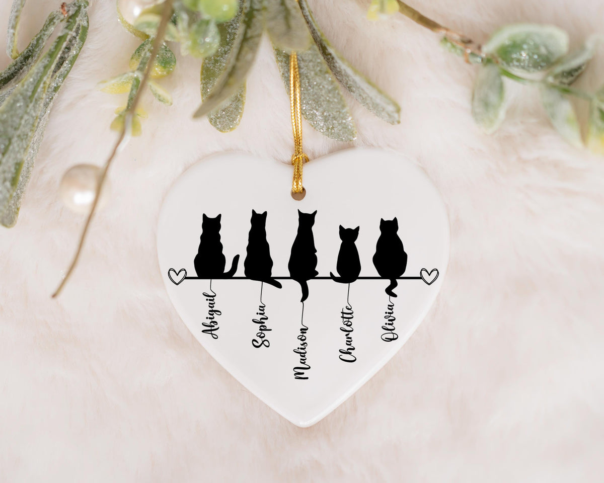 Personalized Cat Silhouette Ceramic Heart Keepsake, Custom Name Cat Mom Ornament