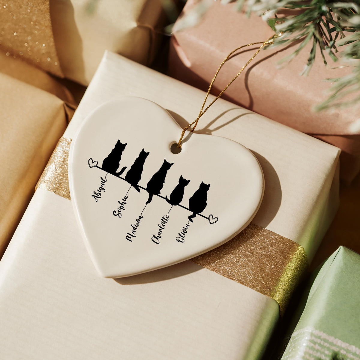 Personalized Cat Silhouette Ceramic Heart Keepsake, Custom Name Cat Mom Ornament