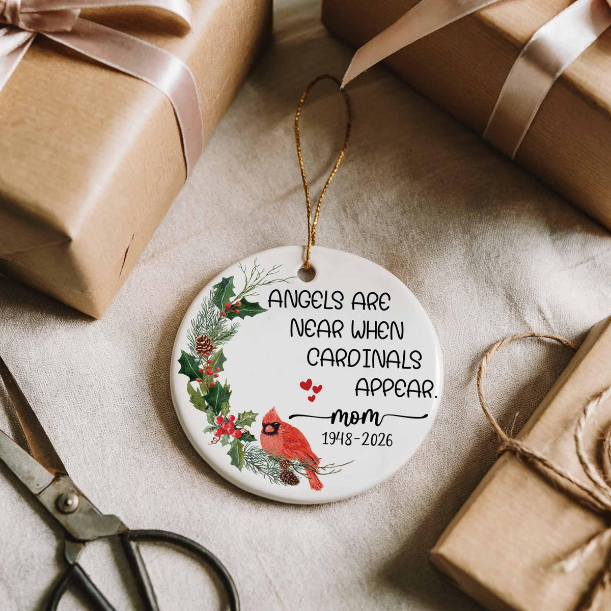 Angels Are Near When Cardinals Appear Ornament, Personalized Mom Loss Ceramic Round Keepsake