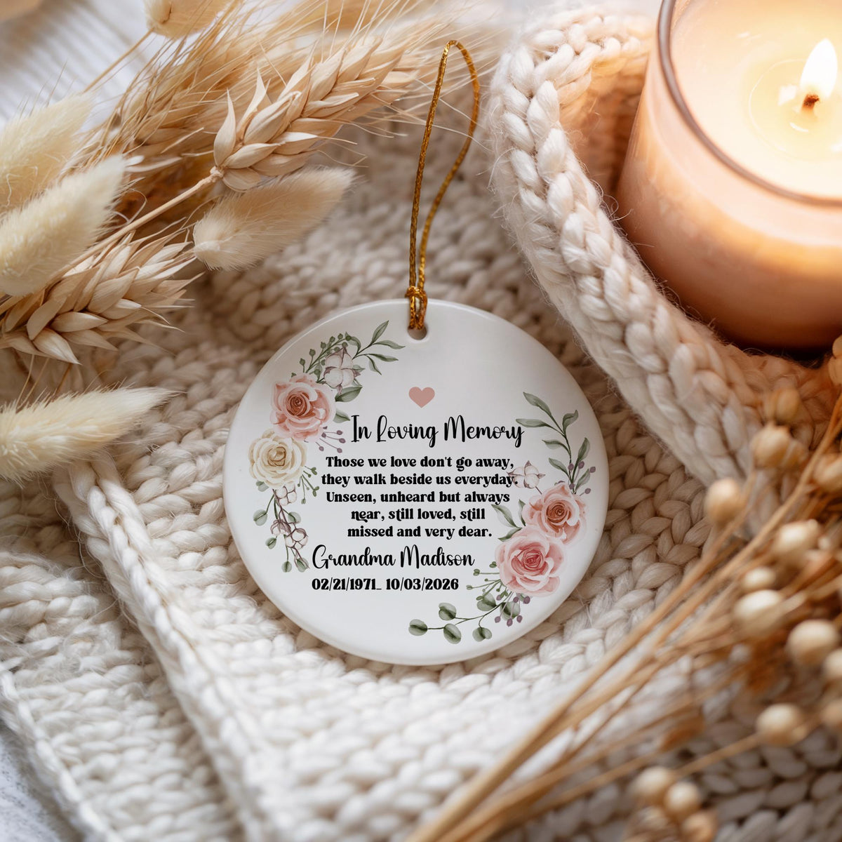 Personalized In Loving Memory Ceramic Ornament, Custom Grandma Remembrance Floral Keepsake