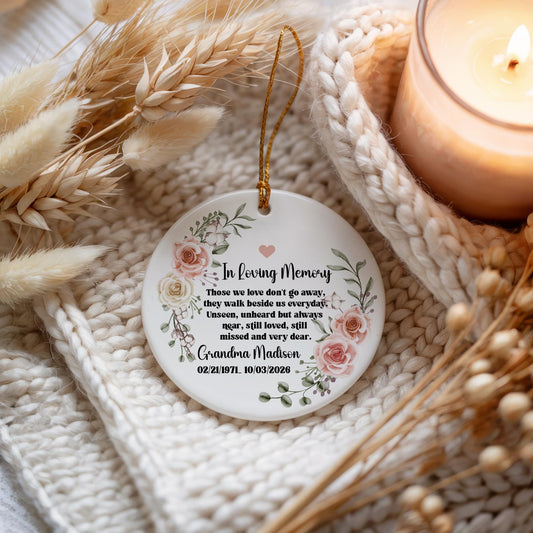 Personalized In Loving Memory Ceramic Ornament, Custom Grandma Remembrance Floral Keepsake