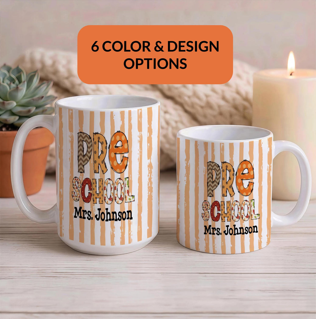 Personalized Striped Teacher Mug, Pre-K Grade Back To School Gift, Ceramic Tea Cup