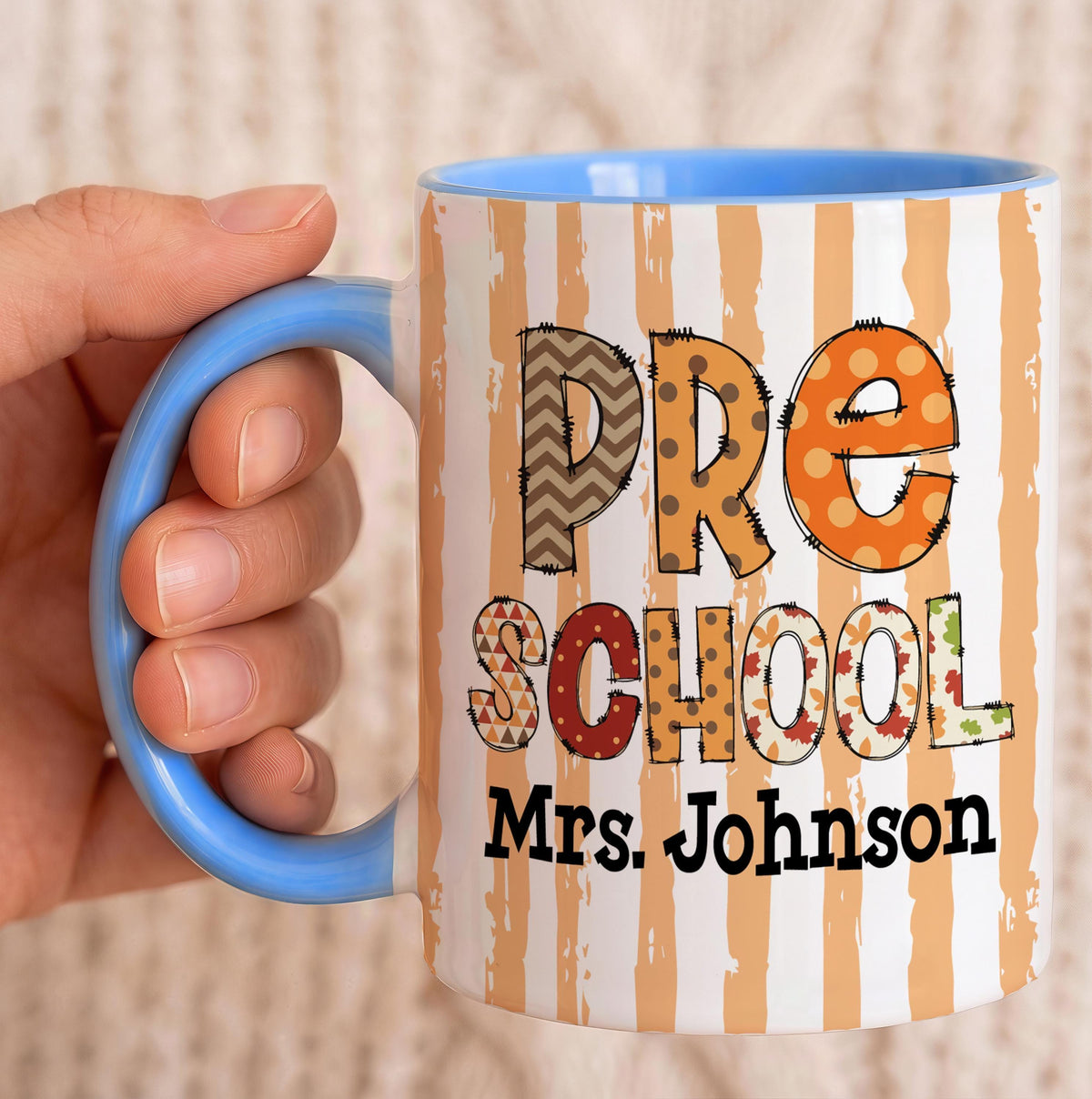 Personalized Striped Teacher Mug, Pre-K Grade Back To School Gift, Ceramic Tea Cup