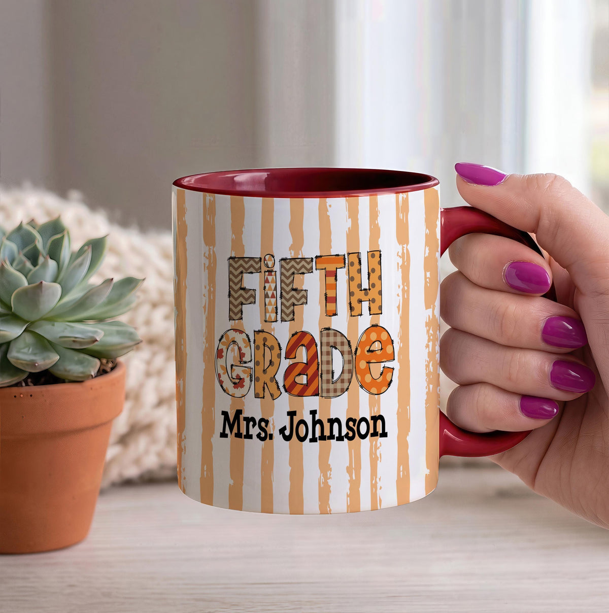 Personalized Striped Teacher Mug, Pre-K Grade Back To School Gift, Ceramic Tea Cup
