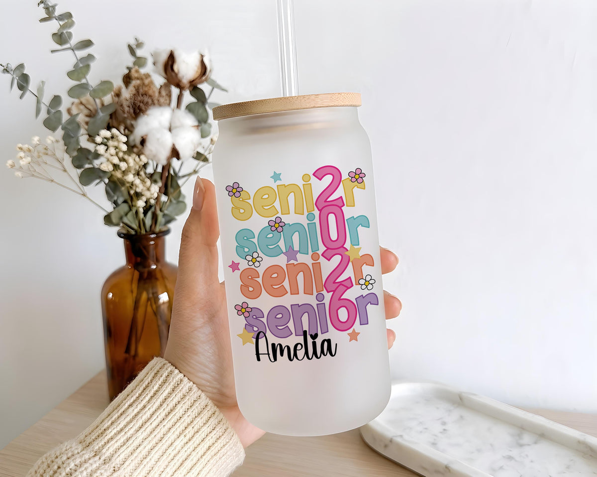 Personalized Senior 2026 Can Glass Tumbler, Custom Name Iced Coffee Cup (Frosted Glass)