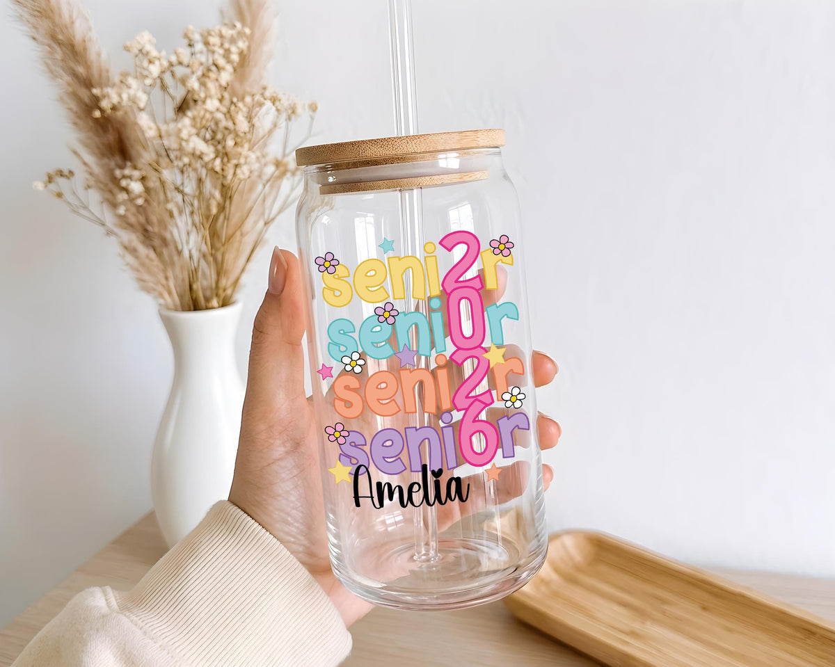 Personalized Senior 2026 Can Glass Tumbler, Custom Name Iced Coffee Cup (Frosted Glass)
