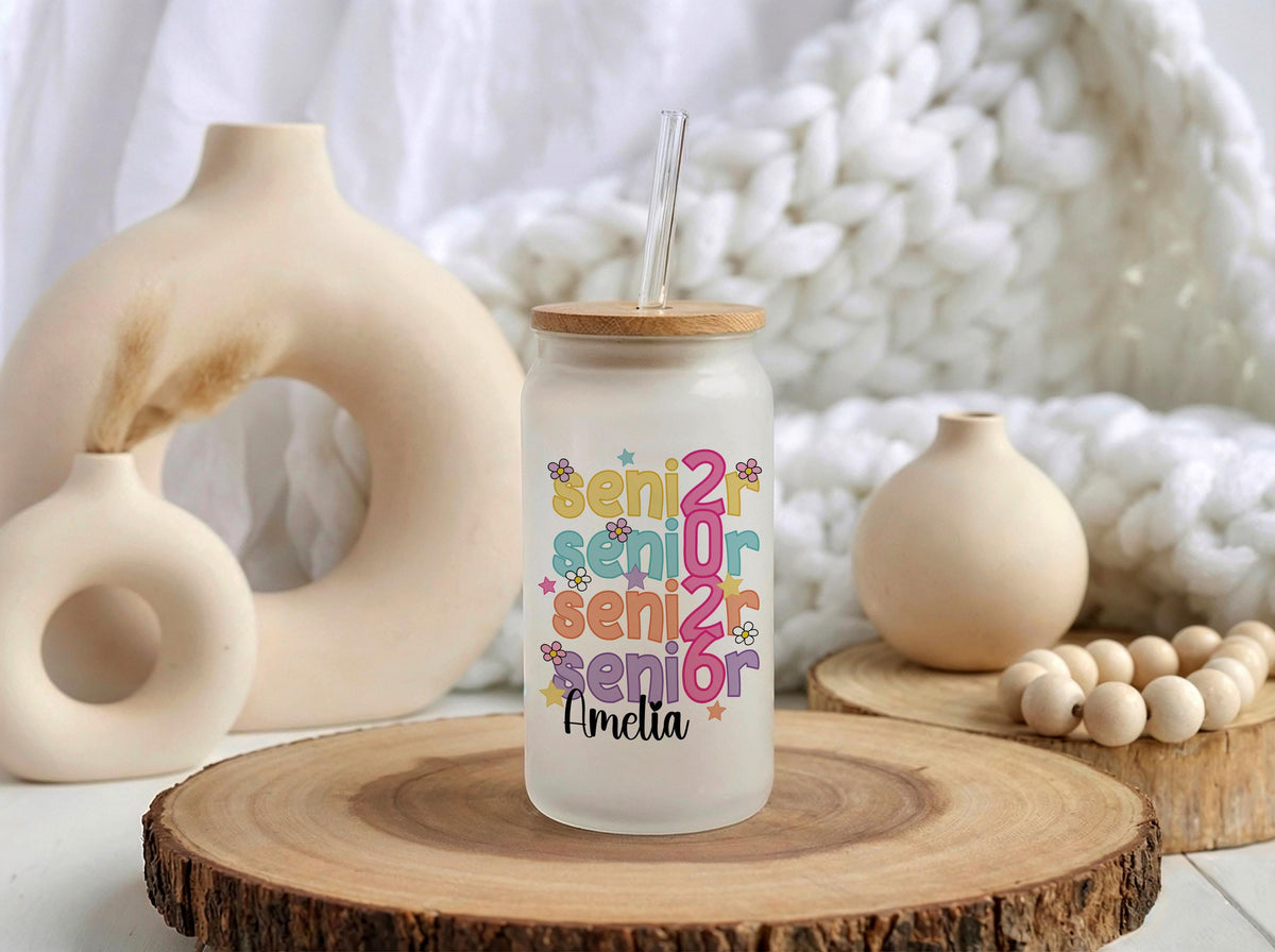 Personalized Senior 2026 Can Glass Tumbler, Custom Name Iced Coffee Cup (Frosted Glass)