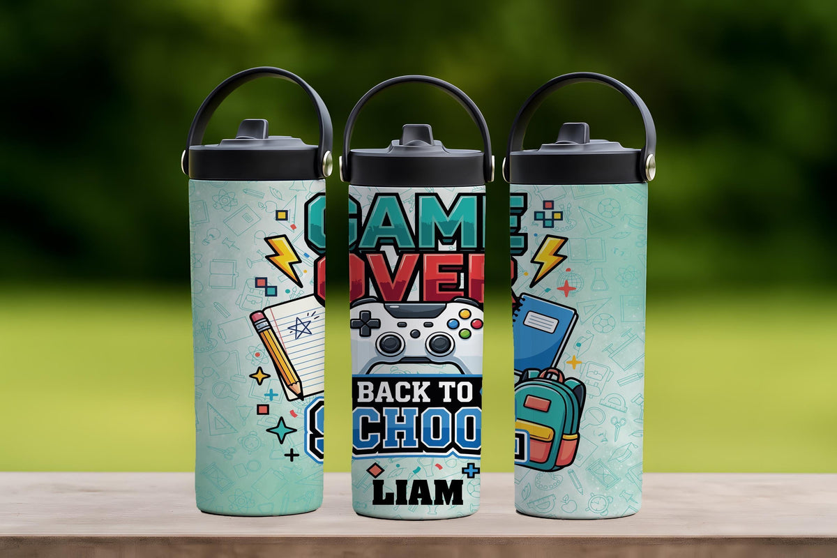 Custom Name Game Over Back to School Steel Water Bottle, Gamer Boys Insulated Lunch Box Tumbler