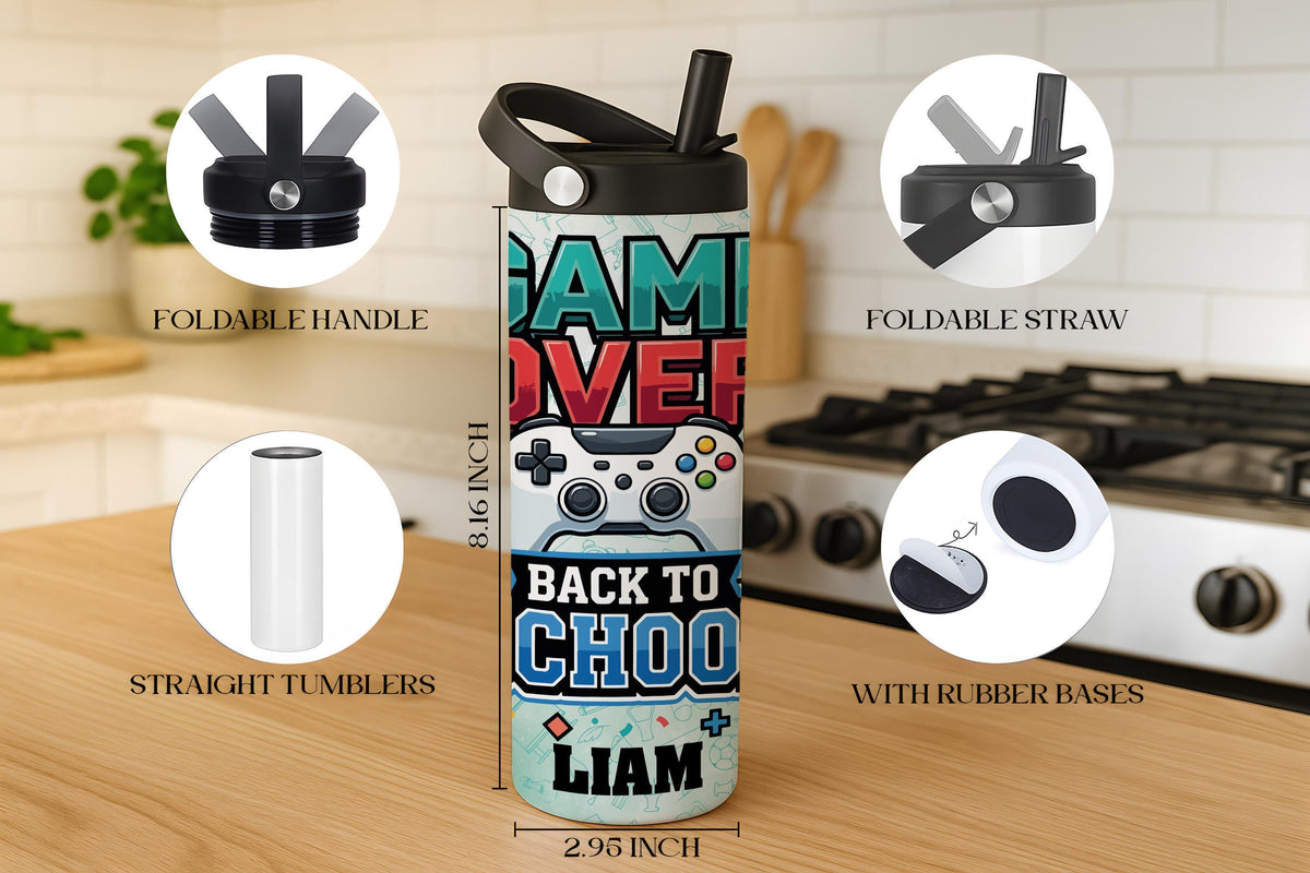 Custom Name Game Over Back to School Steel Water Bottle, Gamer Boys Insulated Lunch Box Tumbler