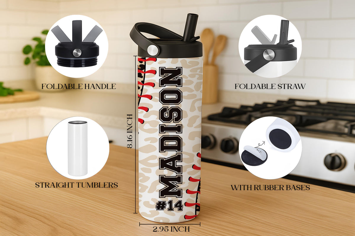 Personalized Leopard Baseball Theme Water Bottle