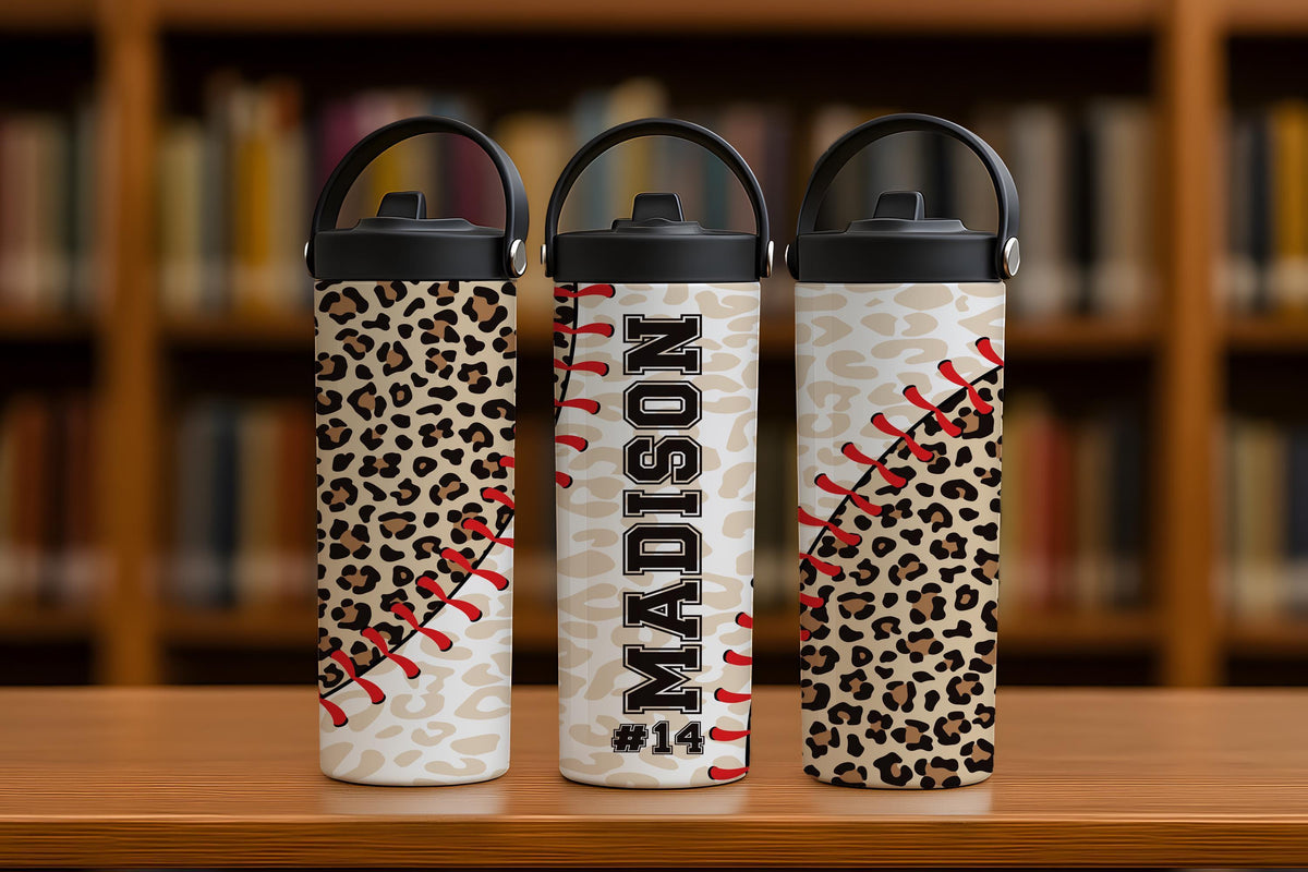 Personalized Leopard Baseball Theme Water Bottle