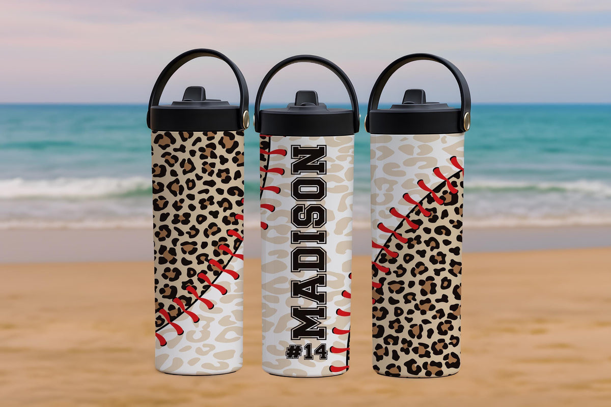 Personalized Leopard Baseball Theme Water Bottle