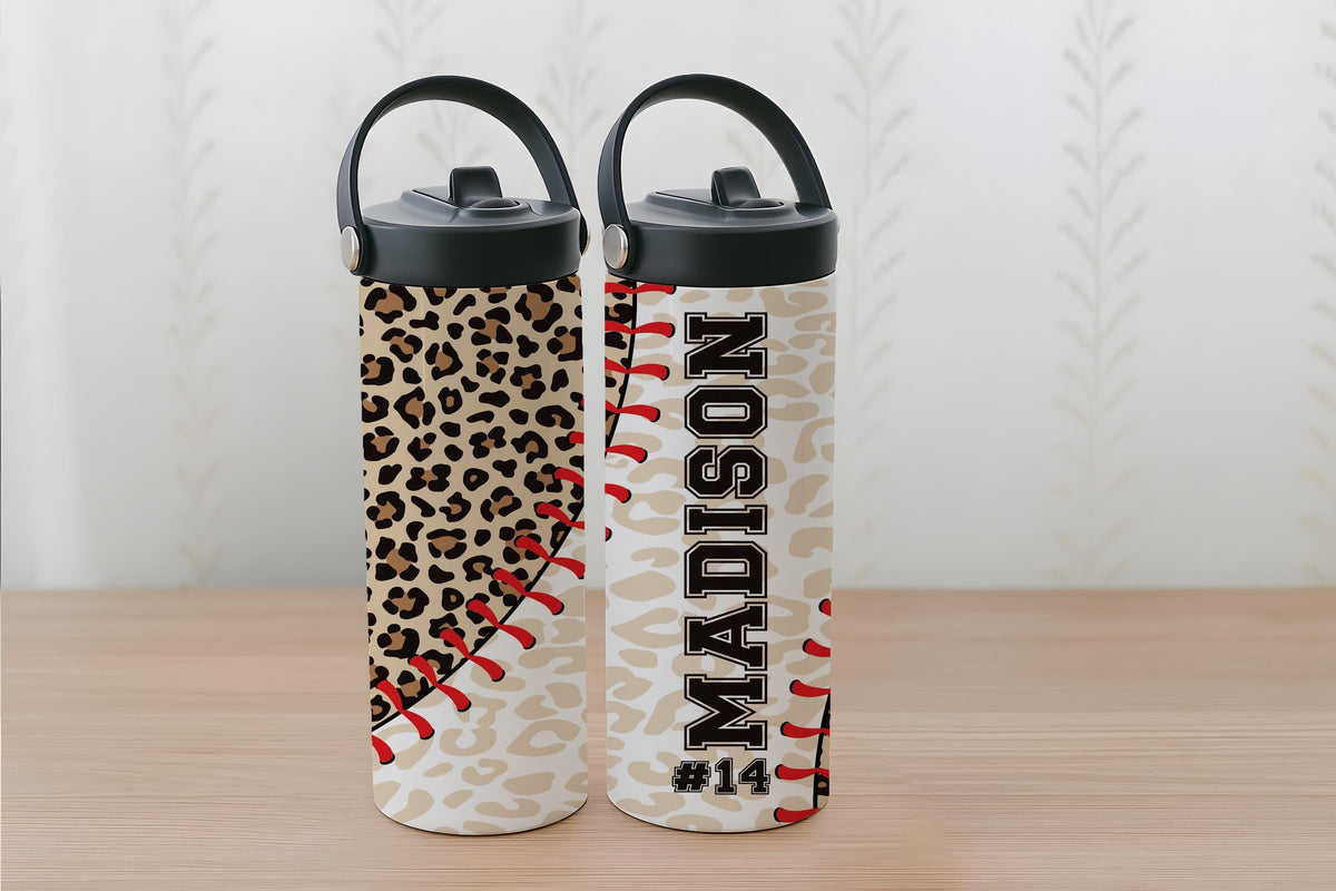 Personalized Leopard Baseball Theme Water Bottle