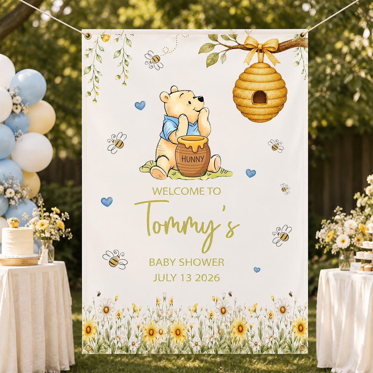 Bear Baby Shower Backdrop, Welcome Little Honey Party Banner, Custom Vinyl Banner