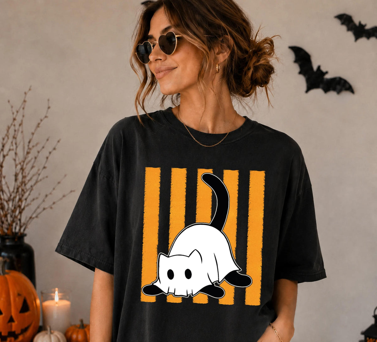 Spooky Cat Comfort Colors® Shirt, Striped Ghost T-Shirt, Halloween Gift Tee