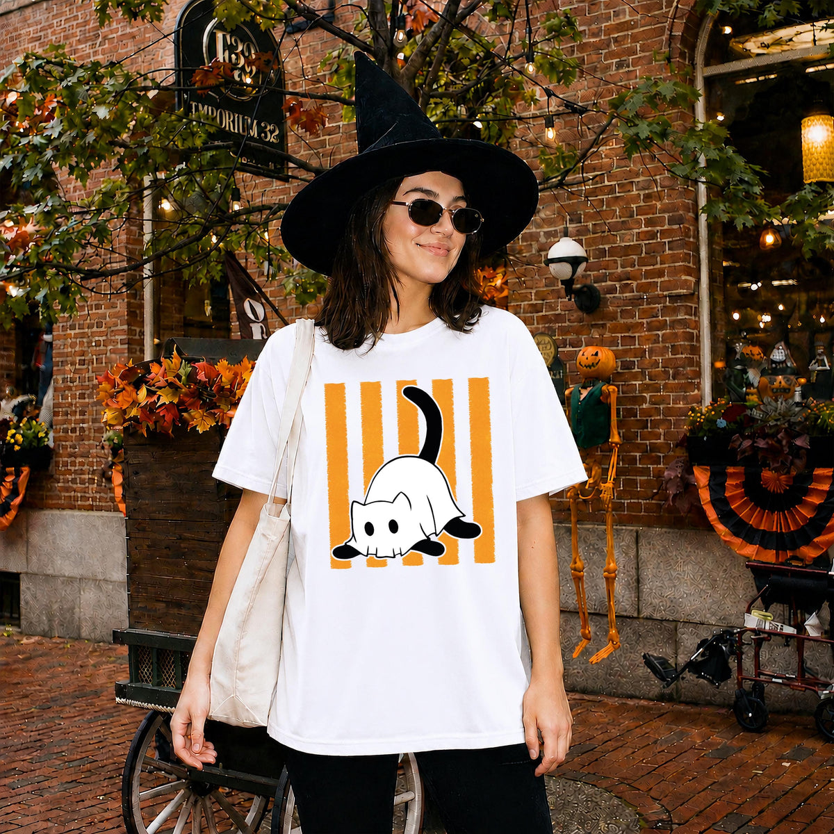 Spooky Cat Comfort Colors® Shirt, Striped Ghost T-Shirt, Halloween Gift Tee