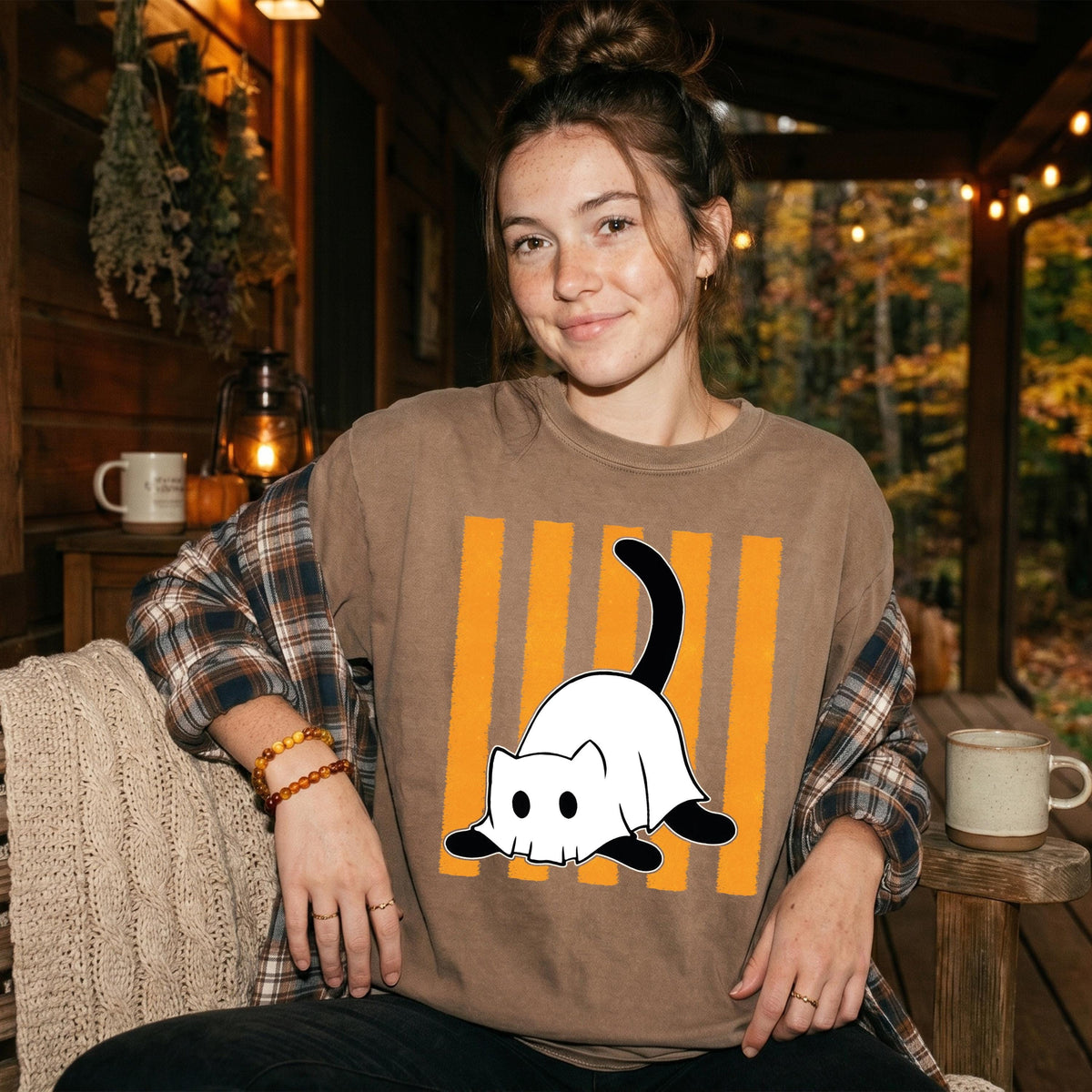 Spooky Cat Comfort Colors® Shirt, Striped Ghost T-Shirt, Halloween Gift Tee