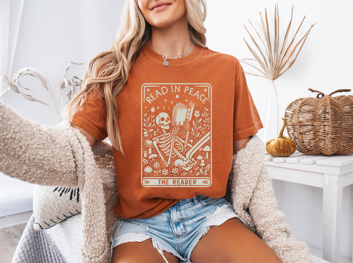 Comfort Colors® Read in Peace Shirt, Skeleton Bookish Tee, Halloween Bookworm T-shirts, Book Lover Gift