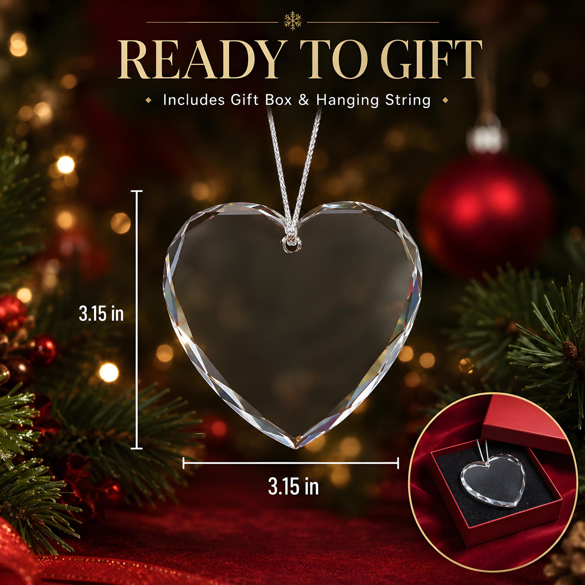 Personalized Crystal Glass Ornament, Round or Heart Shape, Thank You Gift Keepsake