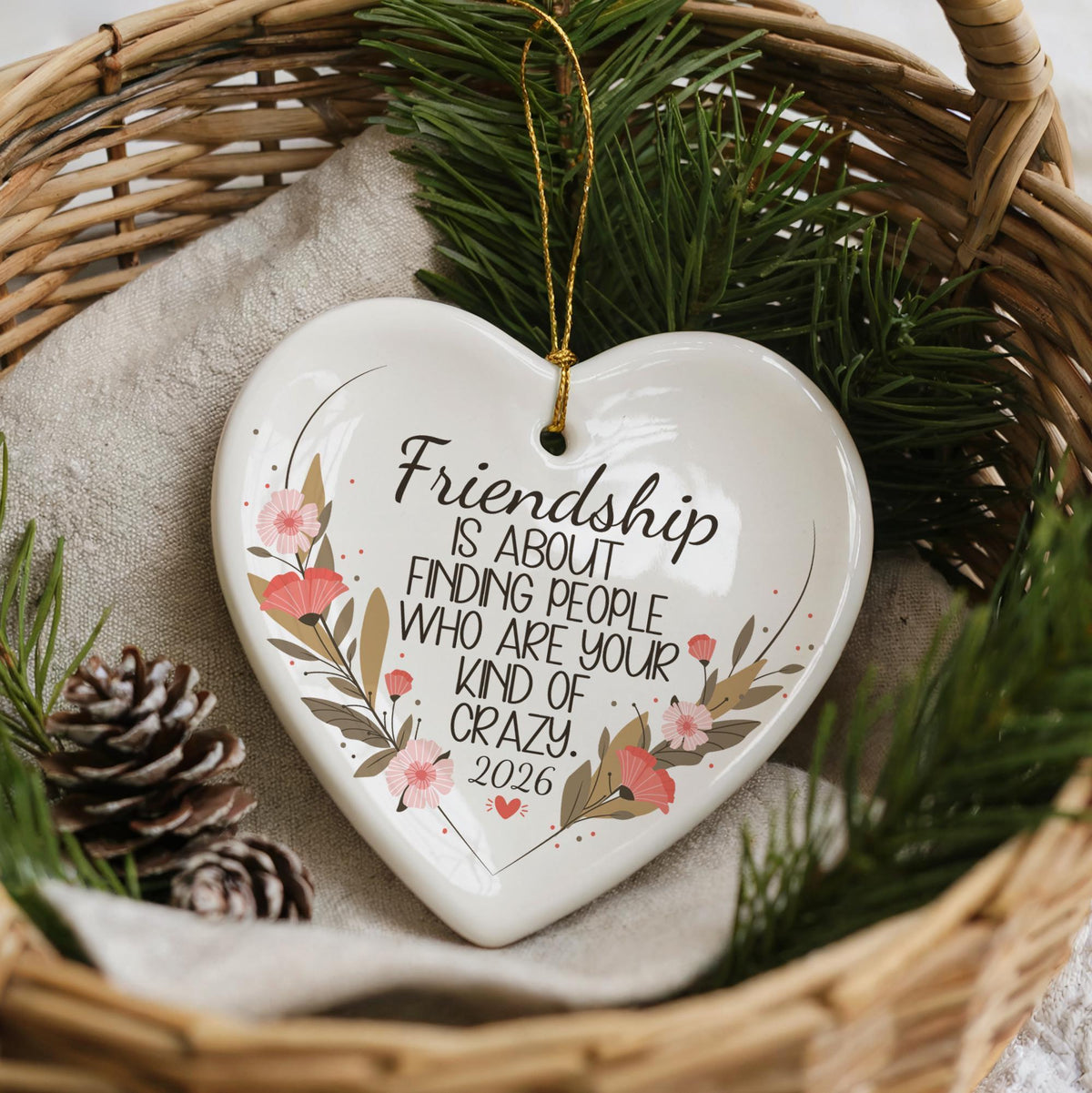 Ceramic Friendship Ornament, Floral Heart Bauble, Bestie Holiday Decor