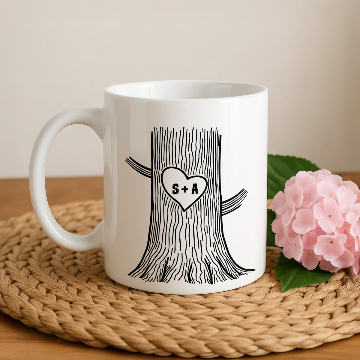 Personalised Engraved Tree Couple Mug, Custom Wedding Gift, Carved Initials In A Heart Cup
