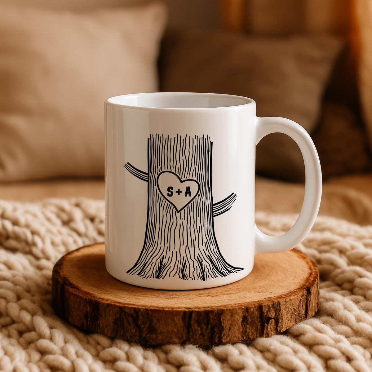 Personalised Engraved Tree Couple Mug, Custom Wedding Gift, Carved Initials In A Heart Cup