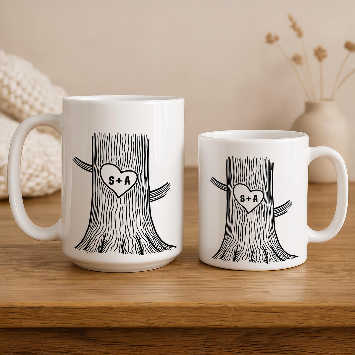 Personalised Engraved Tree Couple Mug, Custom Wedding Gift, Carved Initials In A Heart Cup