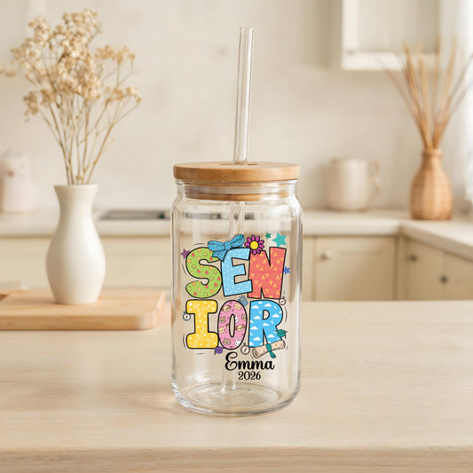 Custom Name Colorful Senior Can Glass Tumbler, Personalized High School Graduation Keepsake