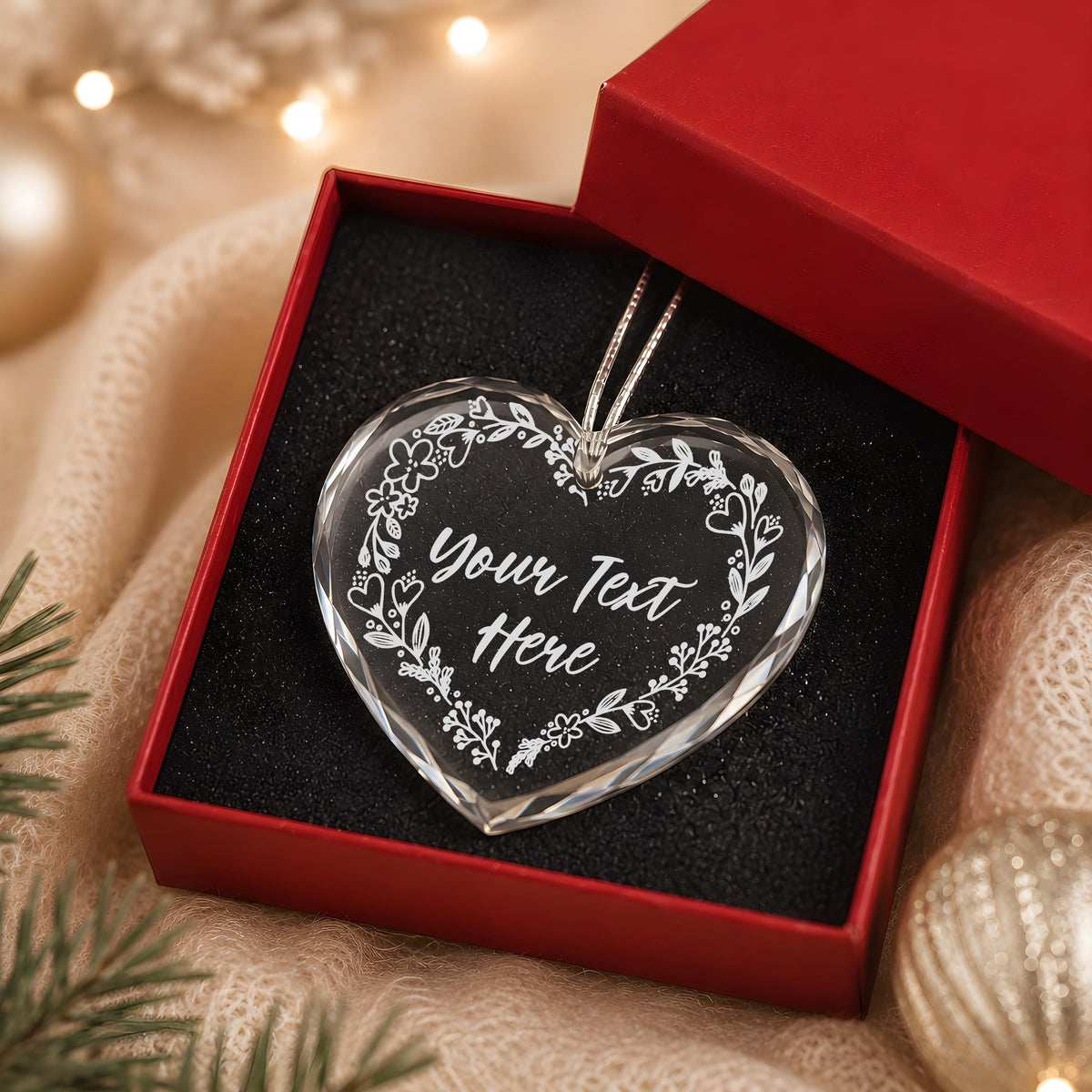 Custom Text Floral Wreath Engraved Heart Ornament, Personalized Message Crystal Glass Keepsake