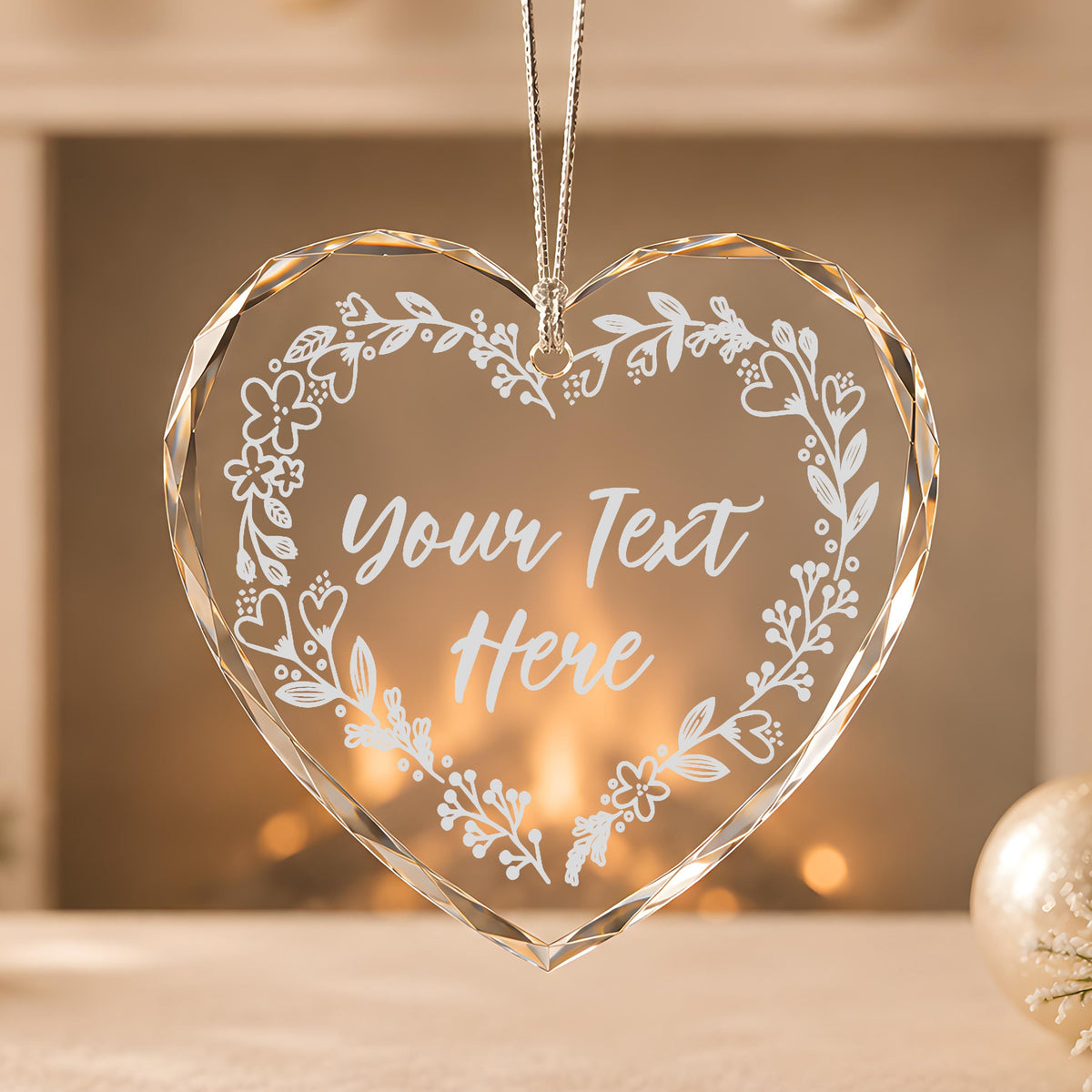 Custom Text Floral Wreath Engraved Heart Ornament, Personalized Message Crystal Glass Keepsake