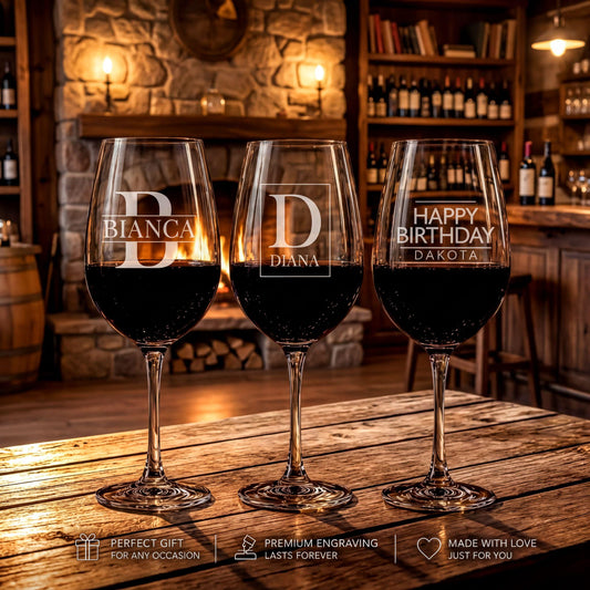 Custom Engraved Wine Glass, Personalized Initial Birthday and Bridal Party Glass
