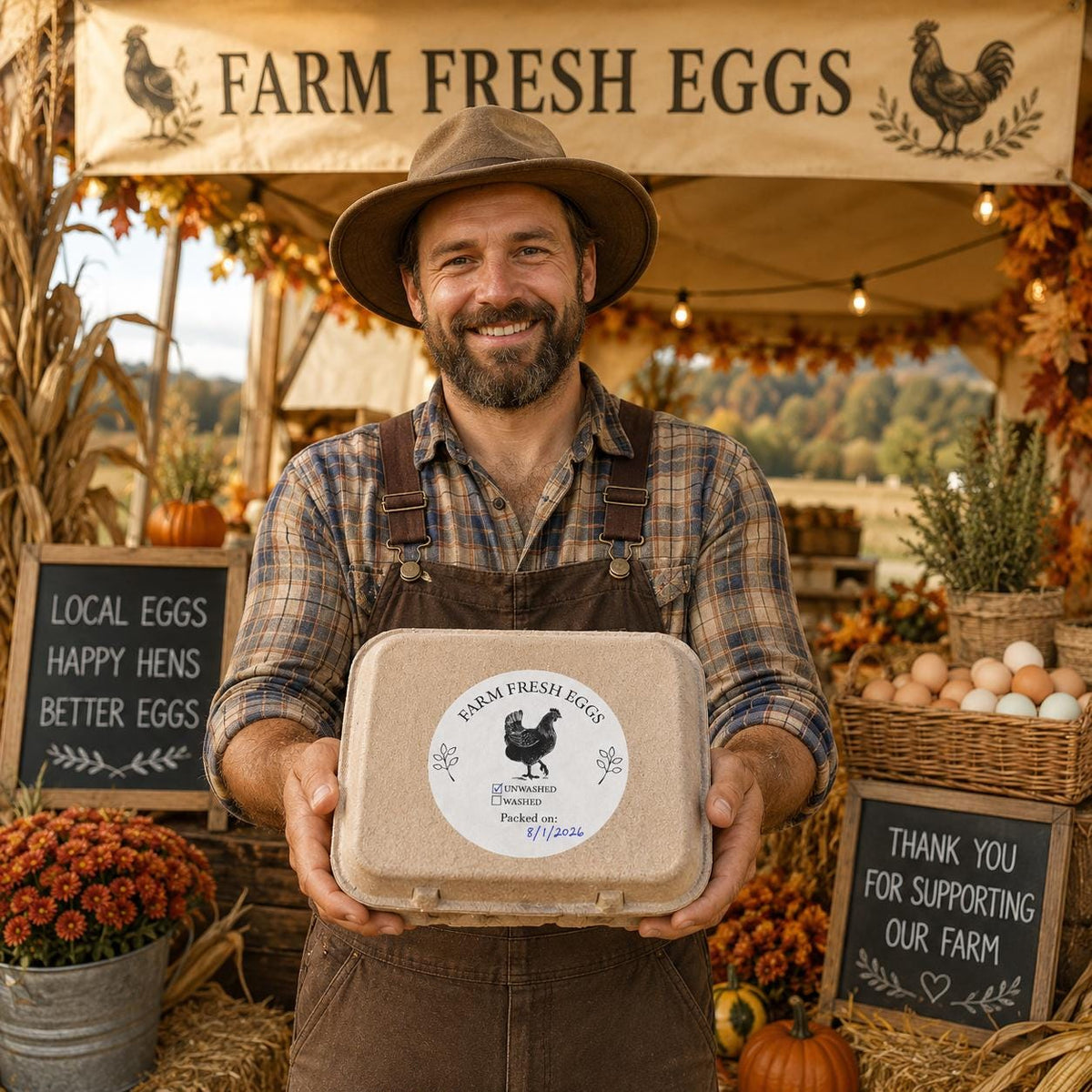 Custom Farm Fresh Egg Carton Labels, Black and White Chicken Coop Stickers (Round)