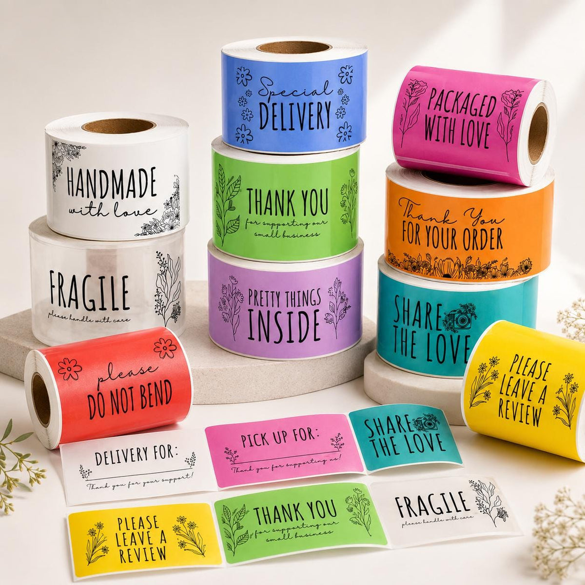 Custom Small Business Packaging Stickers, Floral Thank You and Fragile Labels (Direct Thermal)