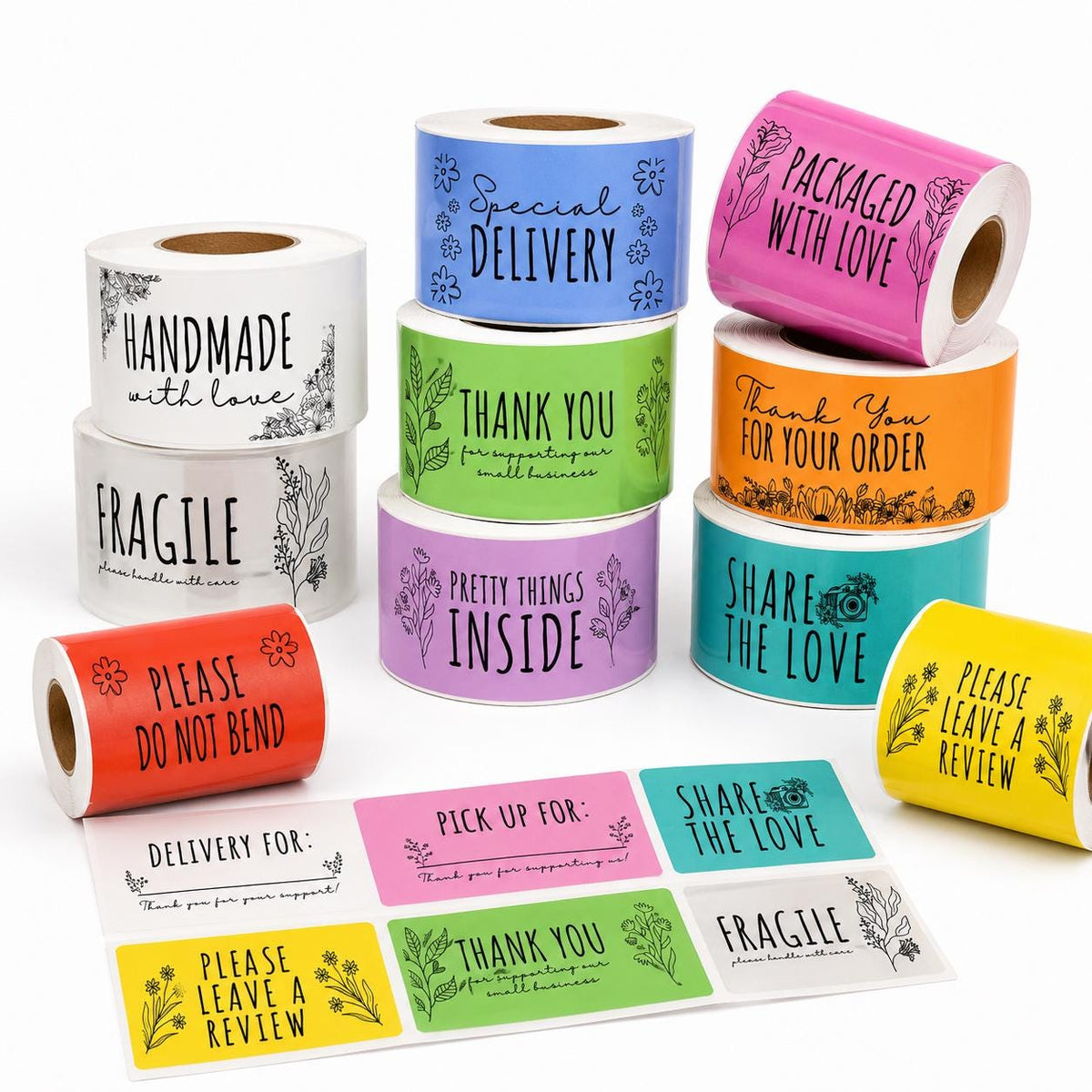Custom Small Business Packaging Stickers, Floral Thank You and Fragile Labels (Direct Thermal)