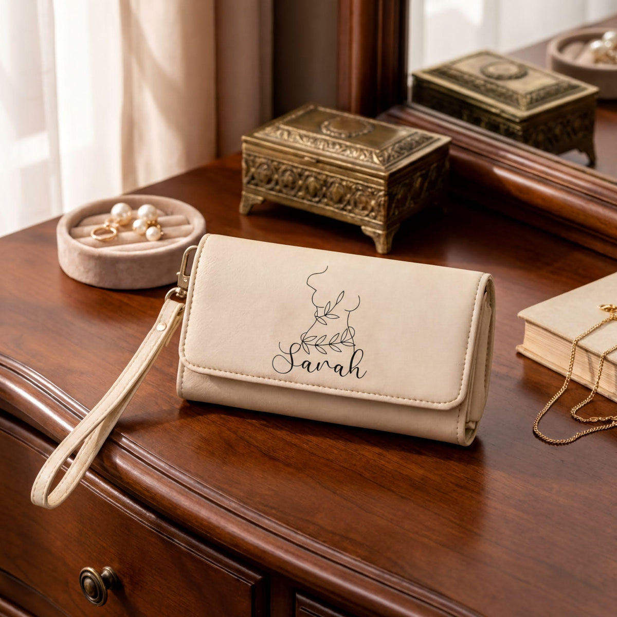 Personalized Vegan Leather Wallet, Line Art Botanical Engraved Clutch
