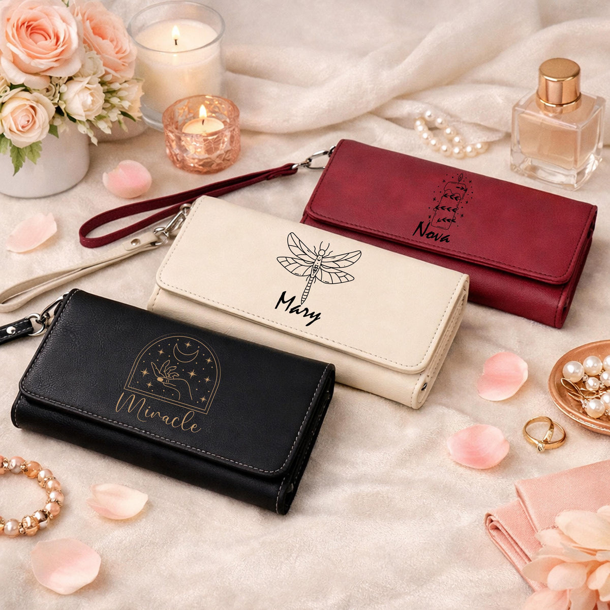Personalized Vegan Leather Wallet, Line Art Botanical Engraved Clutch