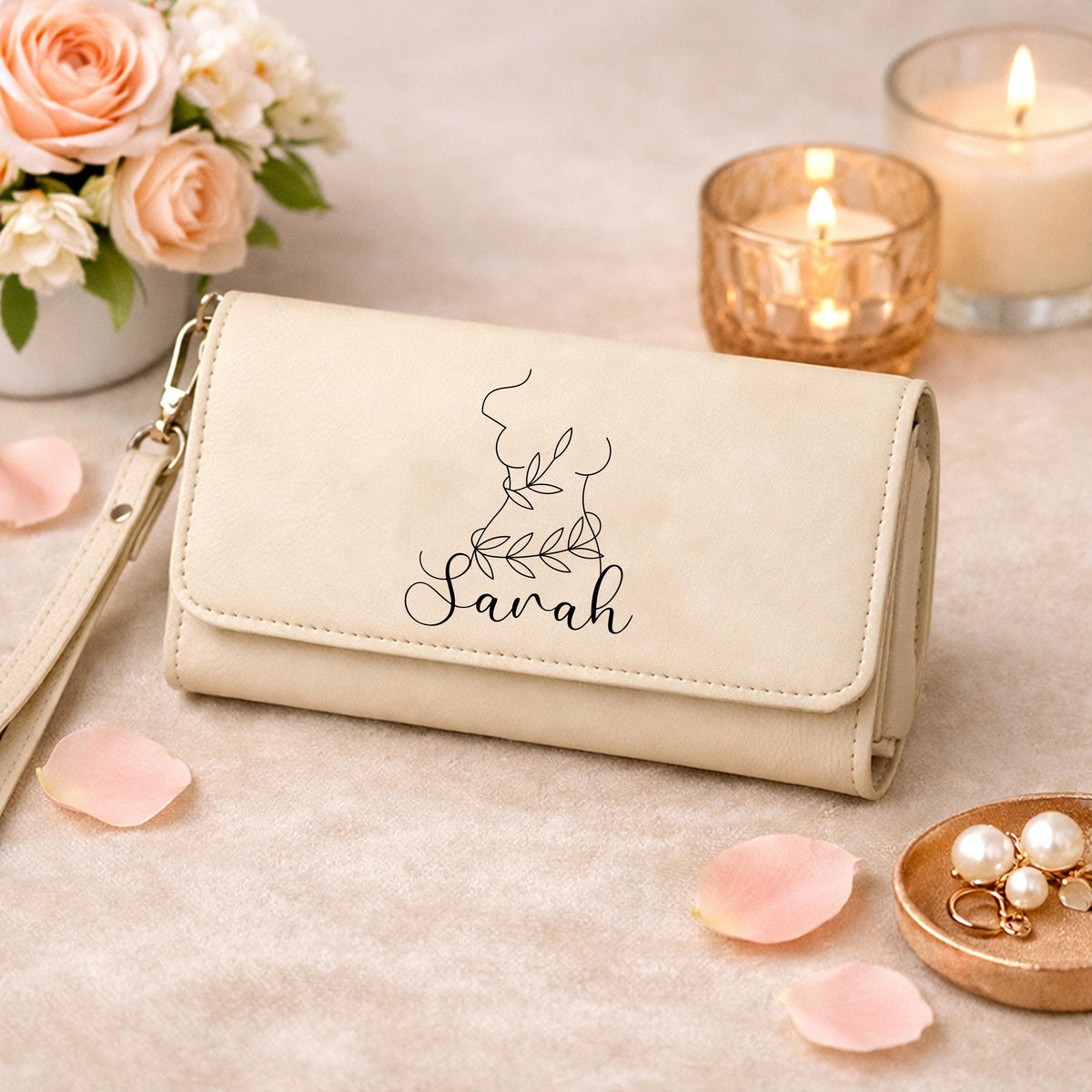Personalized Vegan Leather Wallet, Line Art Botanical Engraved Clutch