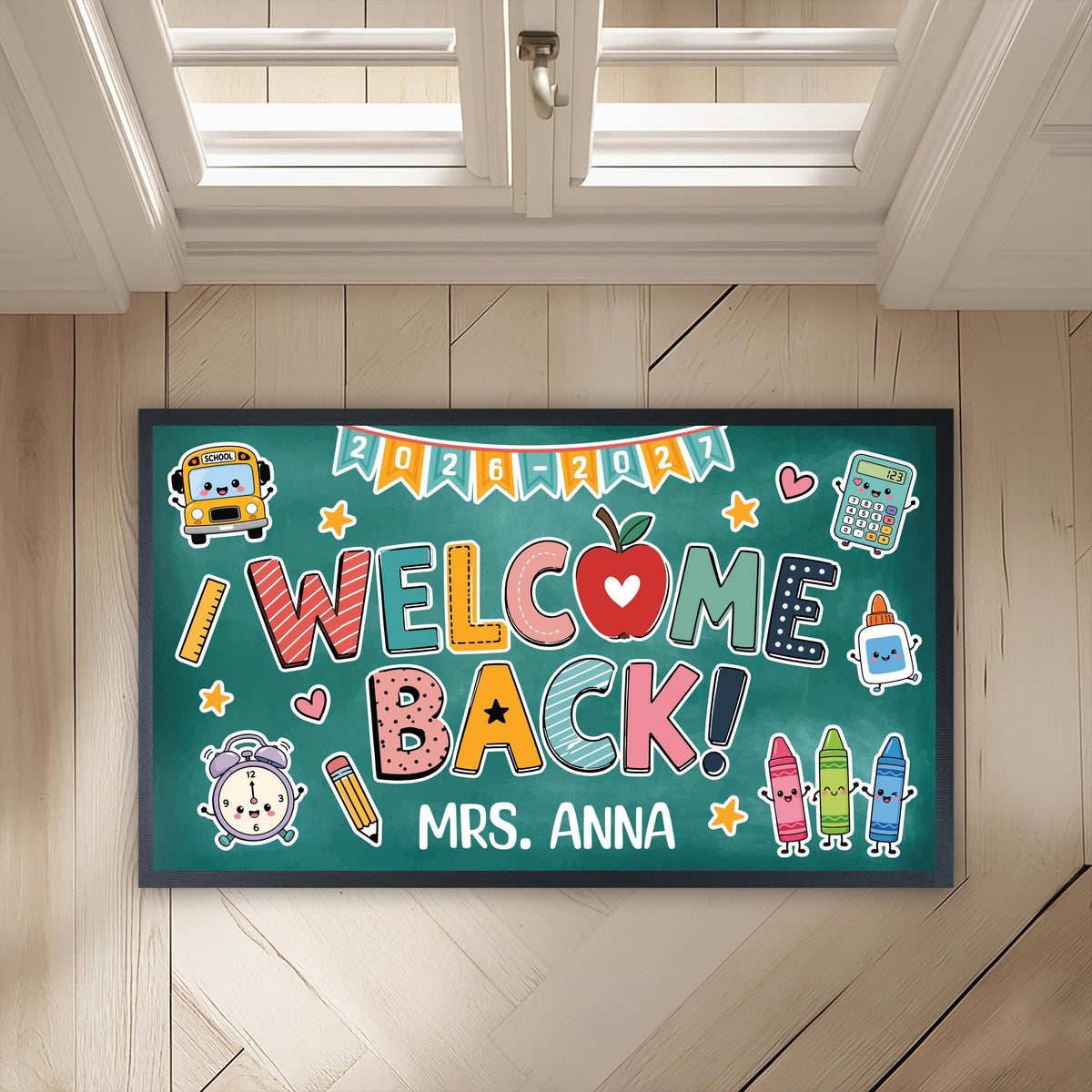 Personalized Teacher Back to School Welcome Mat, Custom Classroom Doormat