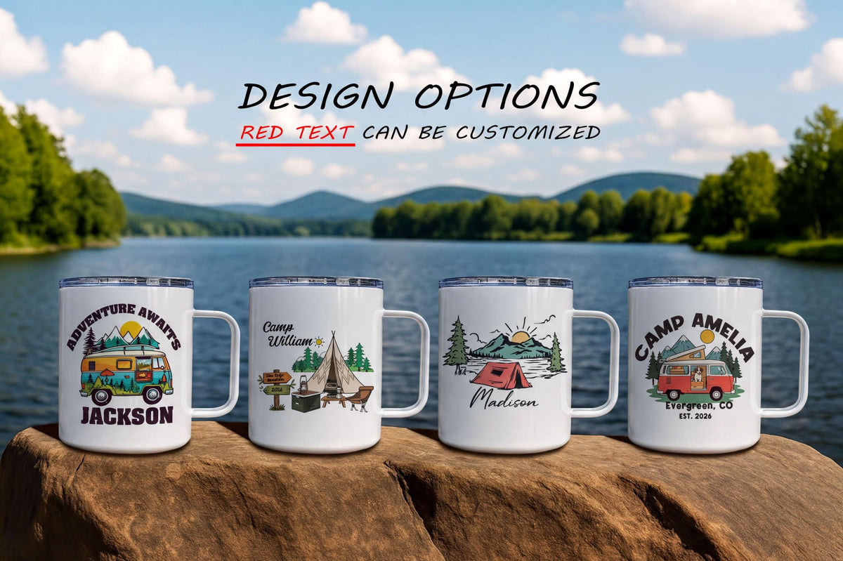 Personalized Camping Mug, Custom Camper Van Coffee Cup, Adventure Awaits Campfire Mug