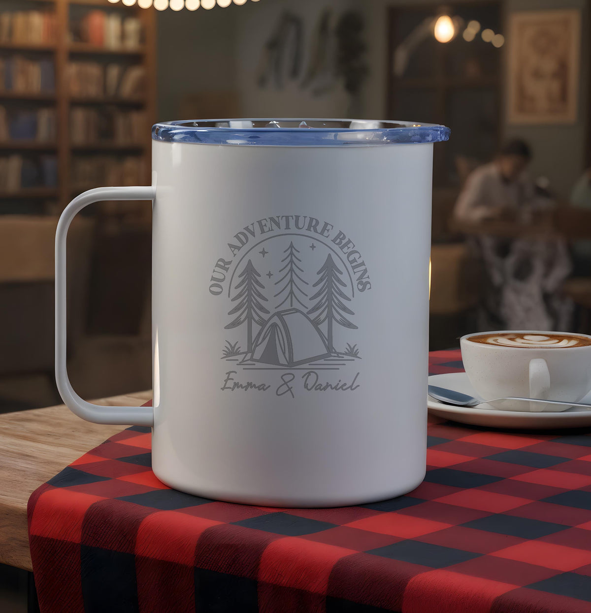 Personalized Couples Camping Mug, Custom Adventure Begins Coffee Cup