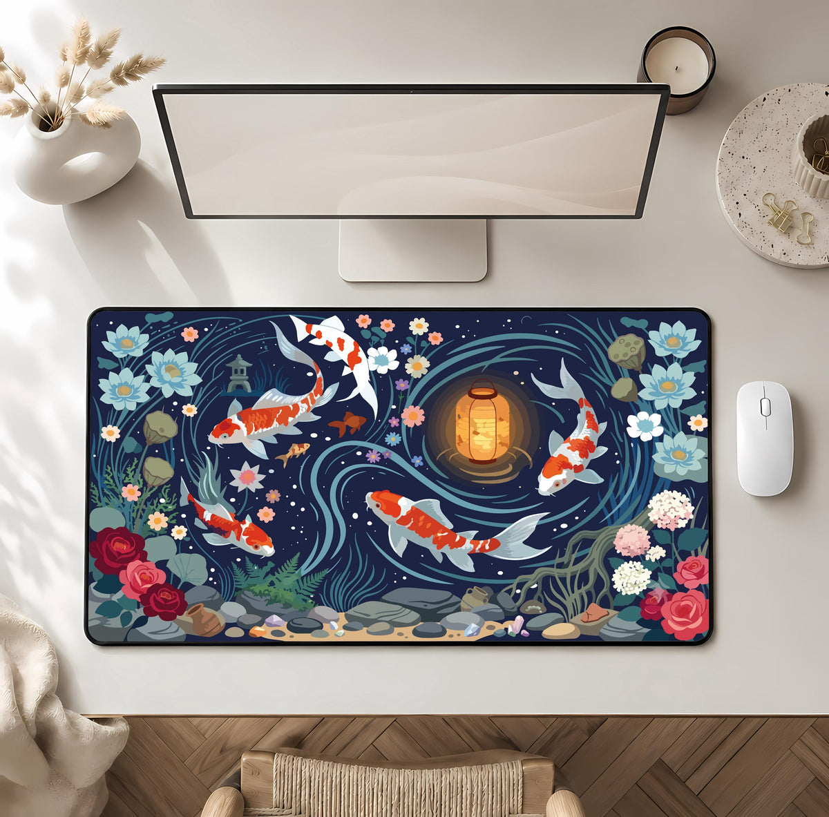 Japanese Koi Fish Desk Mat, Zen Workspace Decor, Asian Art Gaming Mouse Pad