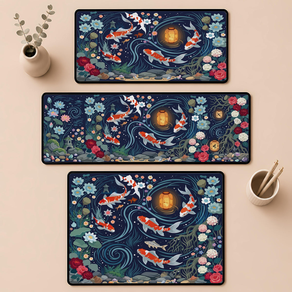 Japanese Koi Fish Desk Mat, Zen Workspace Decor, Asian Art Gaming Mouse Pad