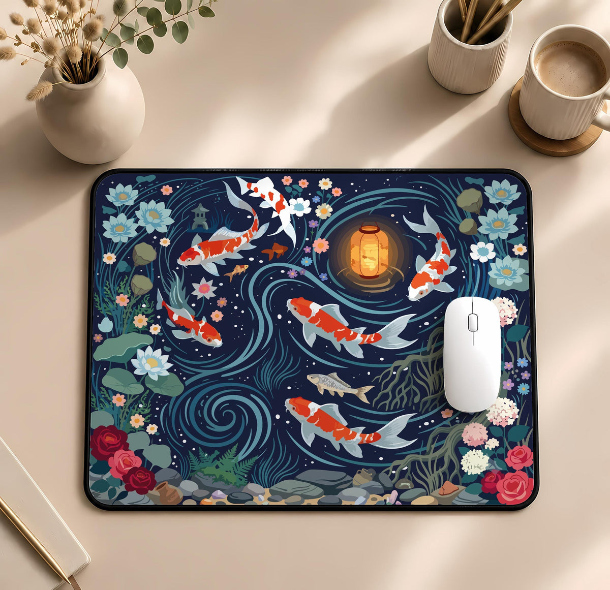 Japanese Koi Fish Desk Mat, Zen Workspace Decor, Asian Art Gaming Mouse Pad