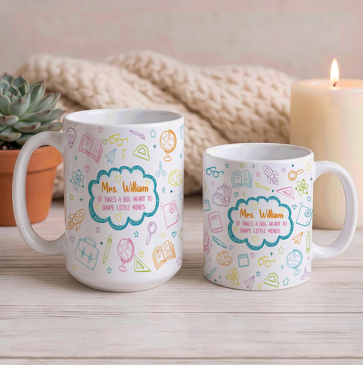 Personalized Teacher Coffee Mug, Big Heart Little Minds Ceramic Cup, 11oz 15oz
