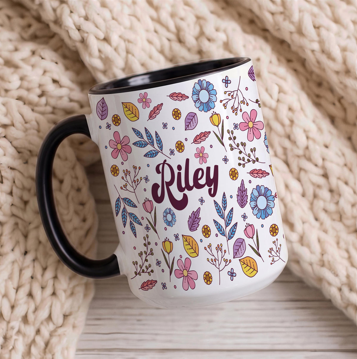 Custom Name Floral Coffee Mug, Groovy Font Botanical Ceramic Tea Cup, Boho Drinkware