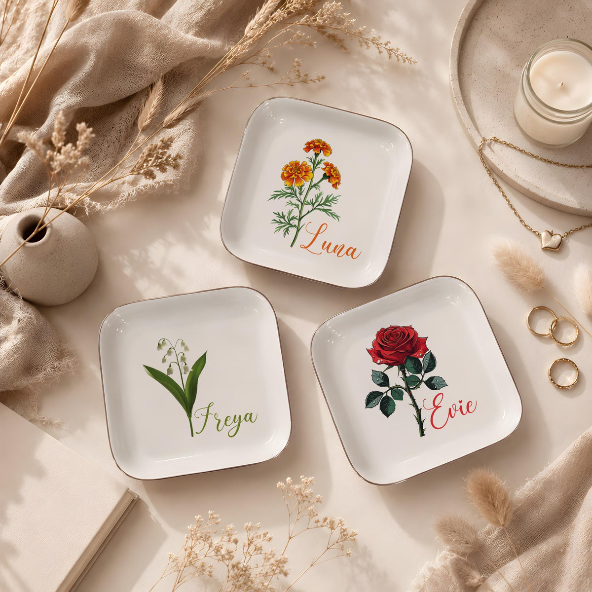 Personalized Birth Month Flower Jewelry Dish, Custom Name Ceramic Trinket Tray