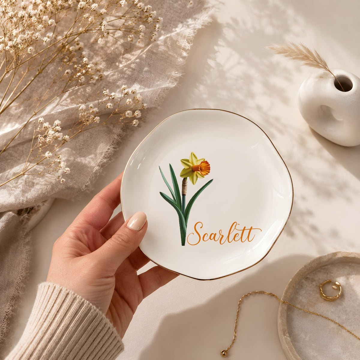 Personalized Birth Month Flower Jewelry Dish, Custom Name Ceramic Trinket Tray
