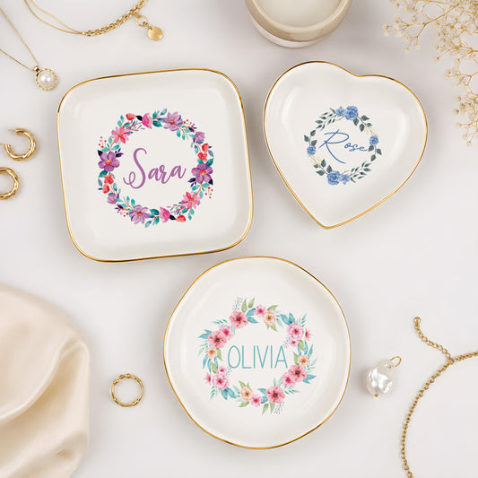 Personalized Floral Wreath Design Jewelry Dish, Cottage Core Ceramic Ring Holder Plate